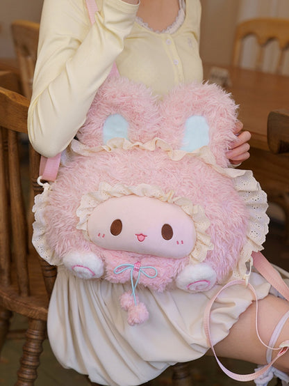 Pink Rabbit-shaped Lace Trim Plush Backpack