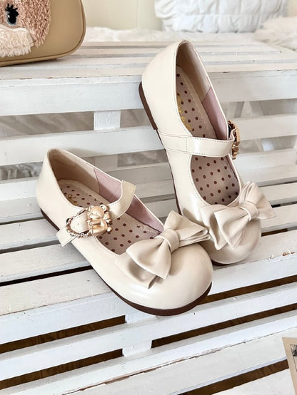 Beige Bow at Top Sweet Lolita Flats with Hugging Bear Heart Buckles