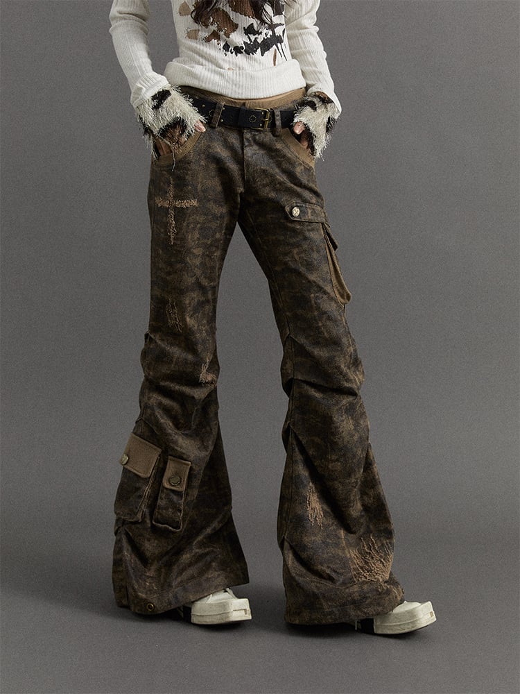 Dusty Grey Camo Low-waist Distressed Design Flared Cargo Pants