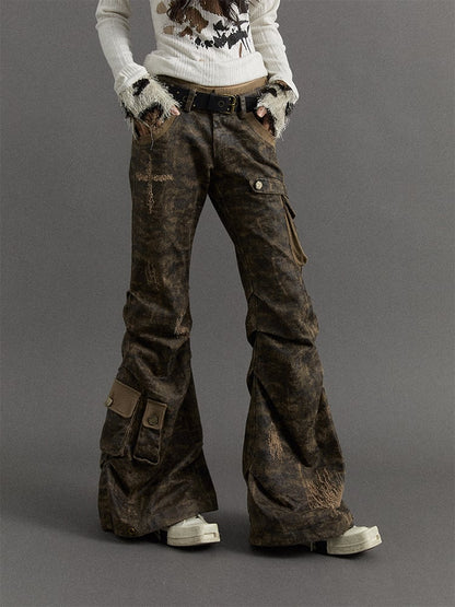 Dusty Grey Camo Low-waist Distressed Design Flared Cargo Pants