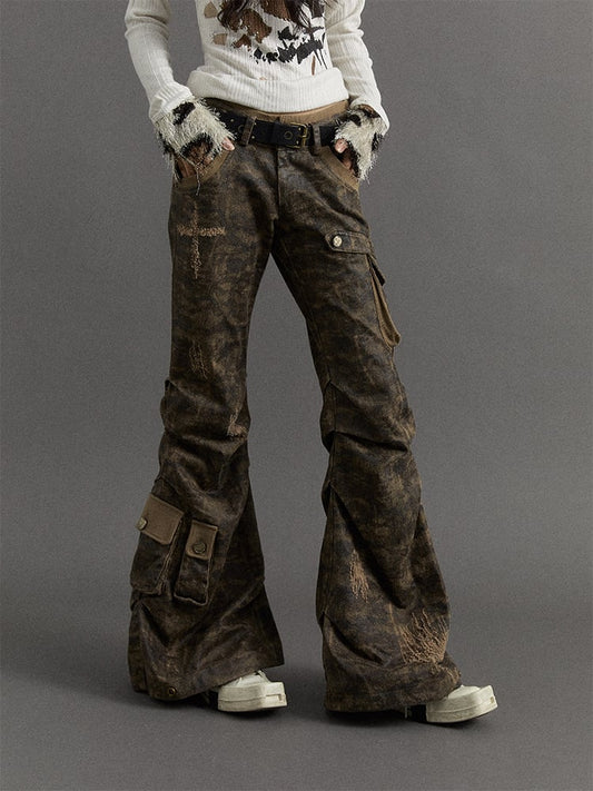 Dusty Grey Camo Low-waist Distressed Design Flared Cargo Pants