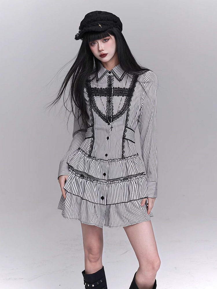 Gothic Lace Cross Tiered Skirt Black and White Striped Shirt Dress