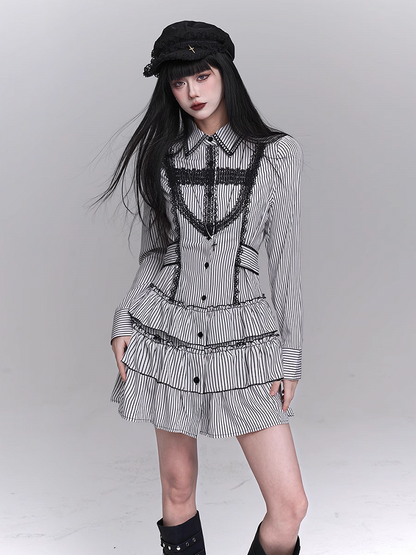 Gothic Lace Cross Tiered Skirt Black and White Striped Shirt Dress