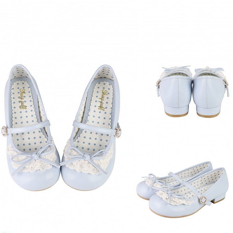 Blue Knotted Bow Accent Lace Trim 2.2CM/4.3CM Heels Round Toe Mary Janes