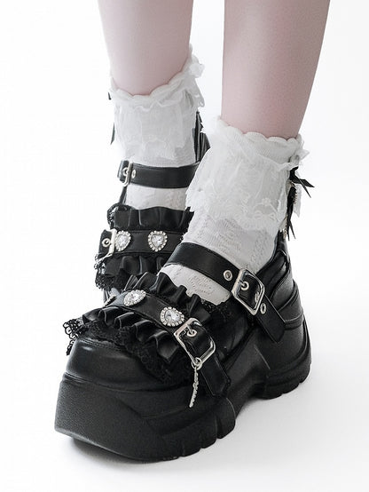 Black Bittersweet Rhinestone Heart Details Cross Charm Ruffles Trim Platforms