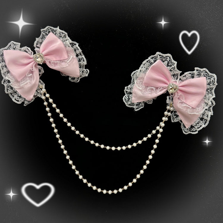 Pink Rhinestone Lace Trim Heart Decorated Bowknot Beaded Waist Chain