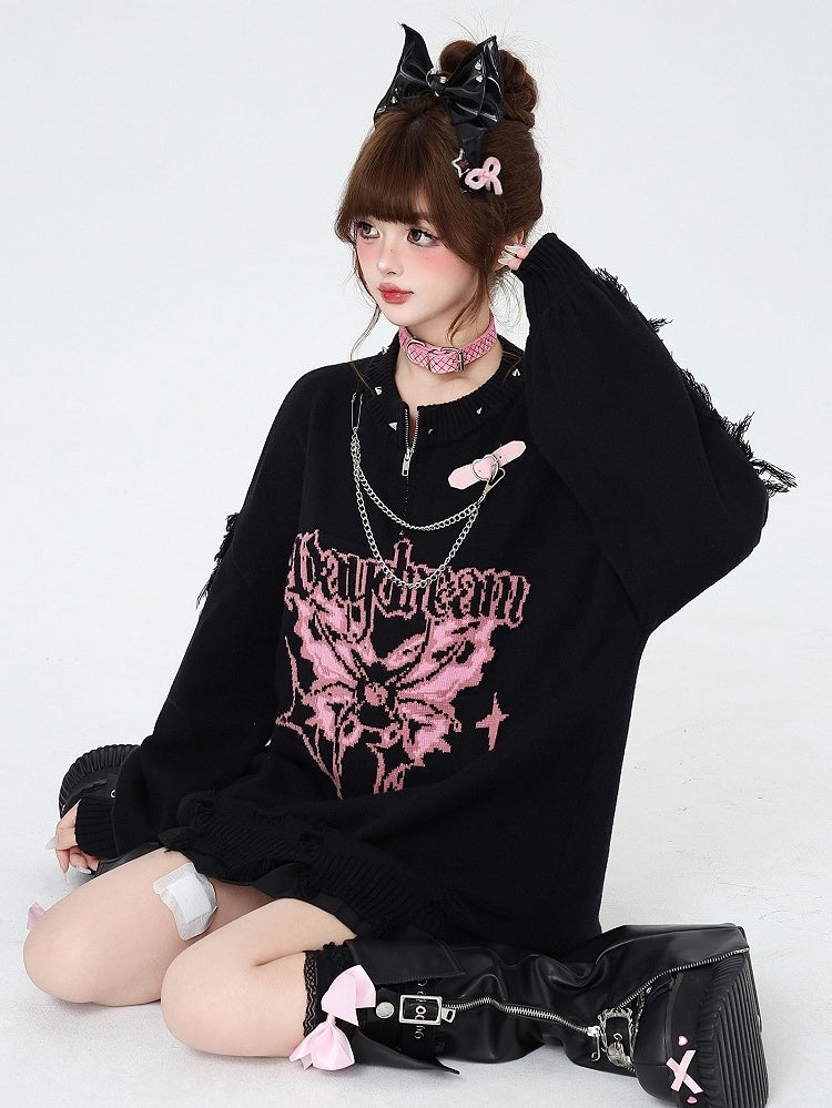 Black Gothic Distressed Holes Butterfly Sweater with Studs and Chains