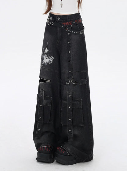 Black Butterfly Print Strap Details Vintage Wide-Leg Cargo Jeans