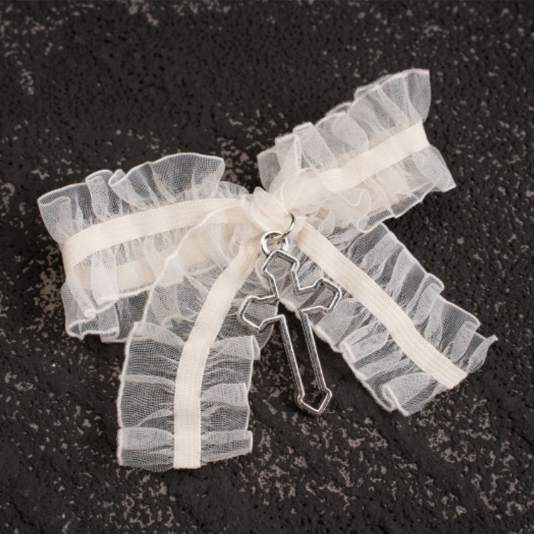 Gothic Cross Detail White Ruffled Bow Hairclips