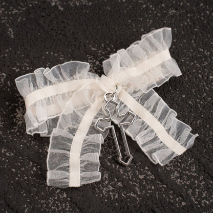 Gothic Cross Detail White Ruffled Bow Hairclips