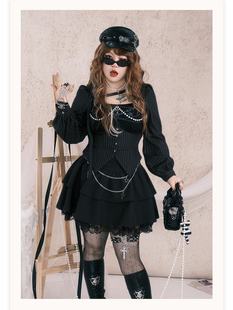 Plus Size Black Y2K Goth PU Belt with Silver Chains & Cross Charms