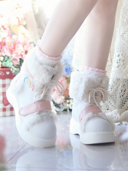 White Bunny Themed Winter Boots - Platform Sole with Plush Ear Accents & Hybrid Fastening