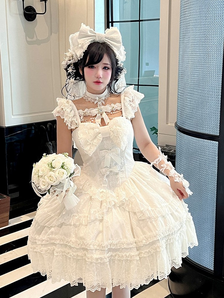 Beads and Rhinestones Neckline Design White Shiro Lolita Dress with Lace Trim and Bow Accents