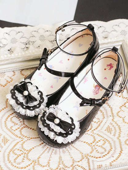 Black Bow at Top Lace Trim Heart Buckles Round Toe Lolita Shoes