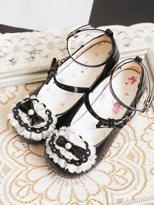 Black Bow at Top Lace Trim Heart Buckles Round Toe Lolita Shoes