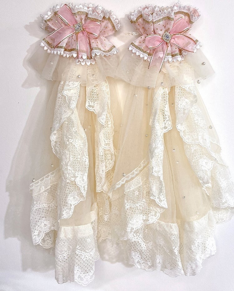 Clearance-Size S for Bust 80CM Pink Corset Bodice Hanayome Hime Lolita Floral Embroidery Layered Floor Length Dress Long Version
