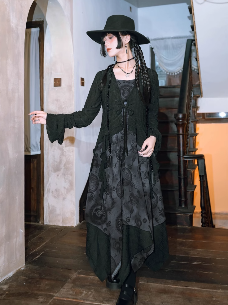 Black Chiffon Handkerchief Hem Cheongsam Style Graphic Cami Dress