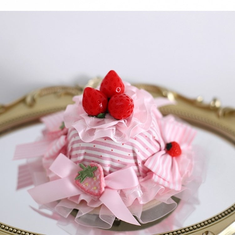 Pink Sweet Lolita Strawberry Decorated Striped Pattern Bowknot Details Mini Hat
