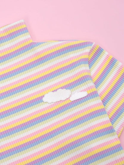High Neck Pastel Rainbow Striped Short Sleeves T-shirt with Cloud Patch