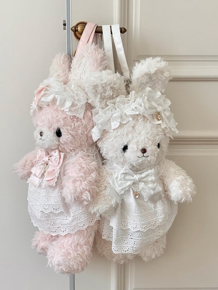 Pink Sweet Lolita Plush Bunny Bag - 3-Way Carry with Detachable Bow & Dress for Bunny