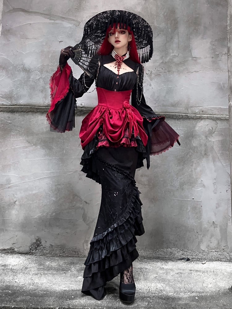 Clearance-Size S for Waist 66CM Boned High Waist Red and Black Gothic Lolita Drawstring High-low Skirt