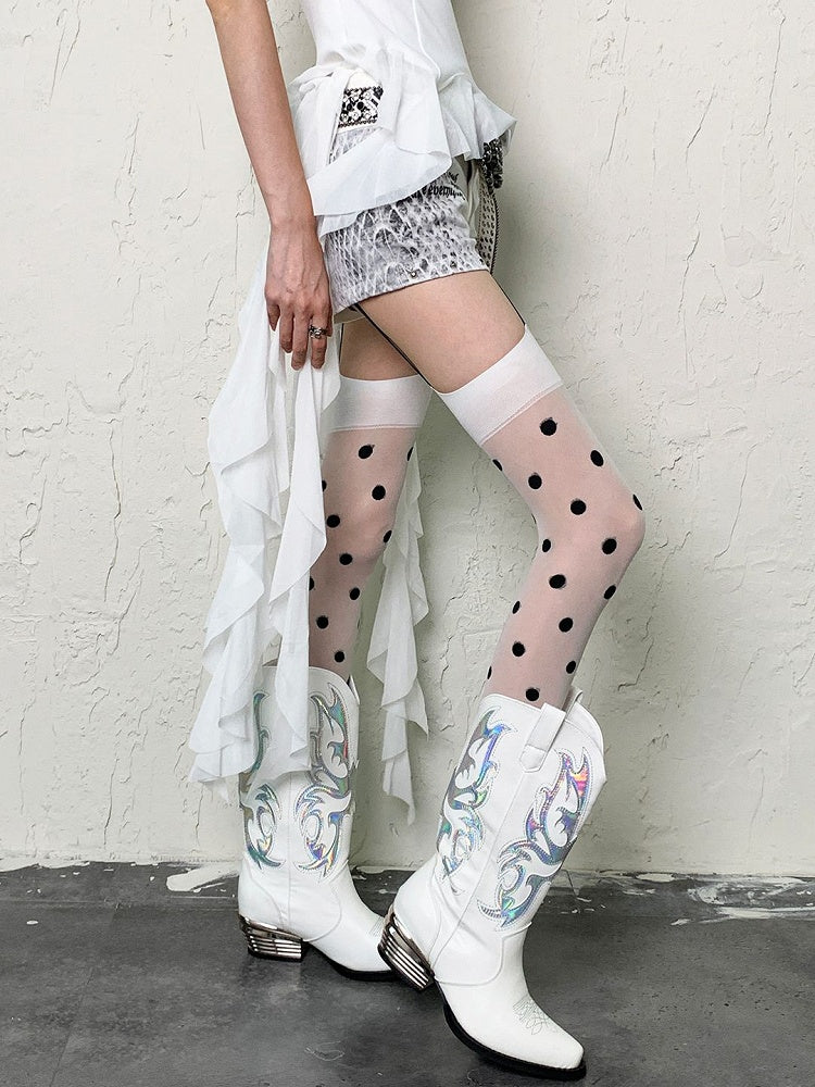 White Y2K Suspender Tights With Black Polka-dot Pattern