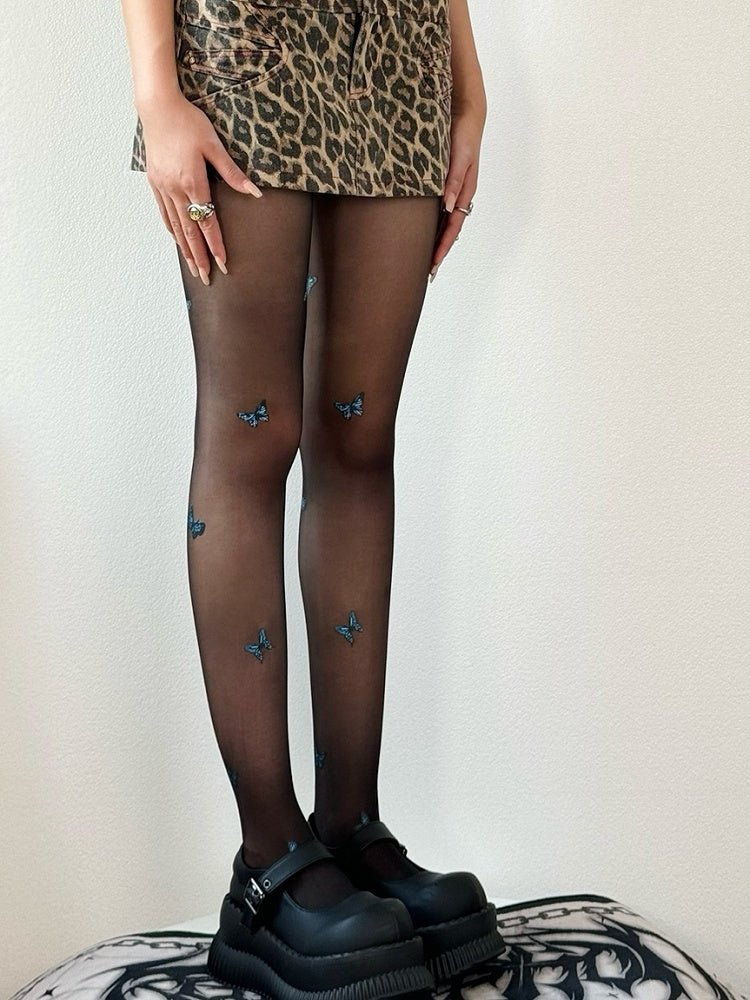 Nude/White/Black Butterfly Details Tights