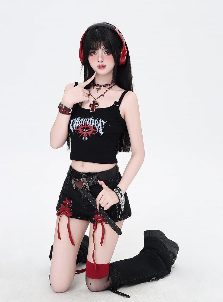 Black and Red Lace-up Details Hem Denim Shorts with Butterfly Applique Leg Warmers