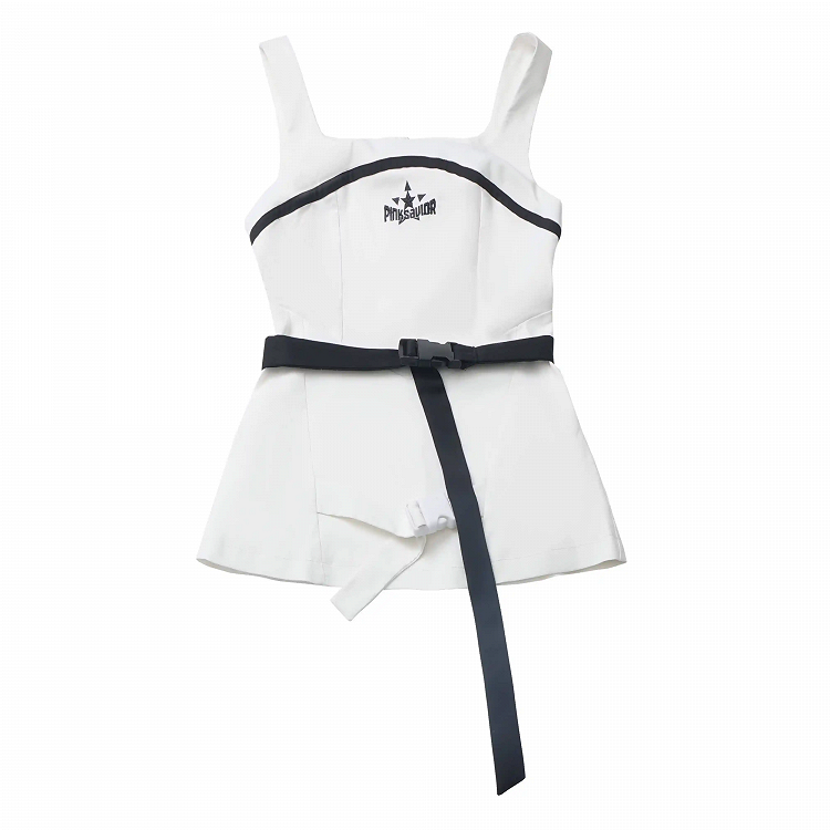 Wasteland Punk White Square Neck Techwear Tank Top with Snap Belt