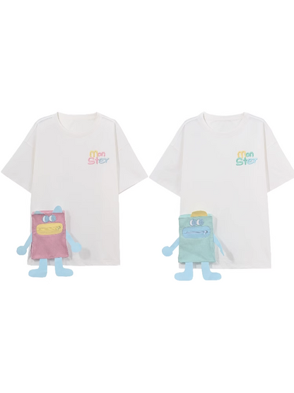 Blue/Pink Cartoon Pocket White Round Neck Loose T-shirt