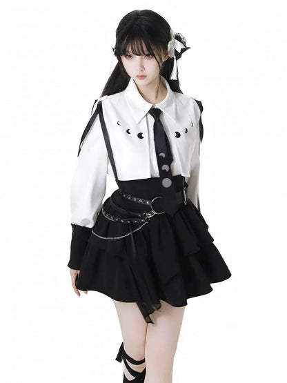 Wine Red/White Ribbon Moon Print Shirt With A Tie