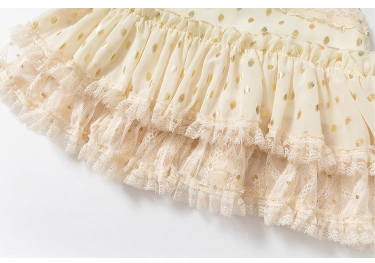 Beige/Black Halter Neck Lace Patches Waist Polka-dot Vintage Strapless Dress