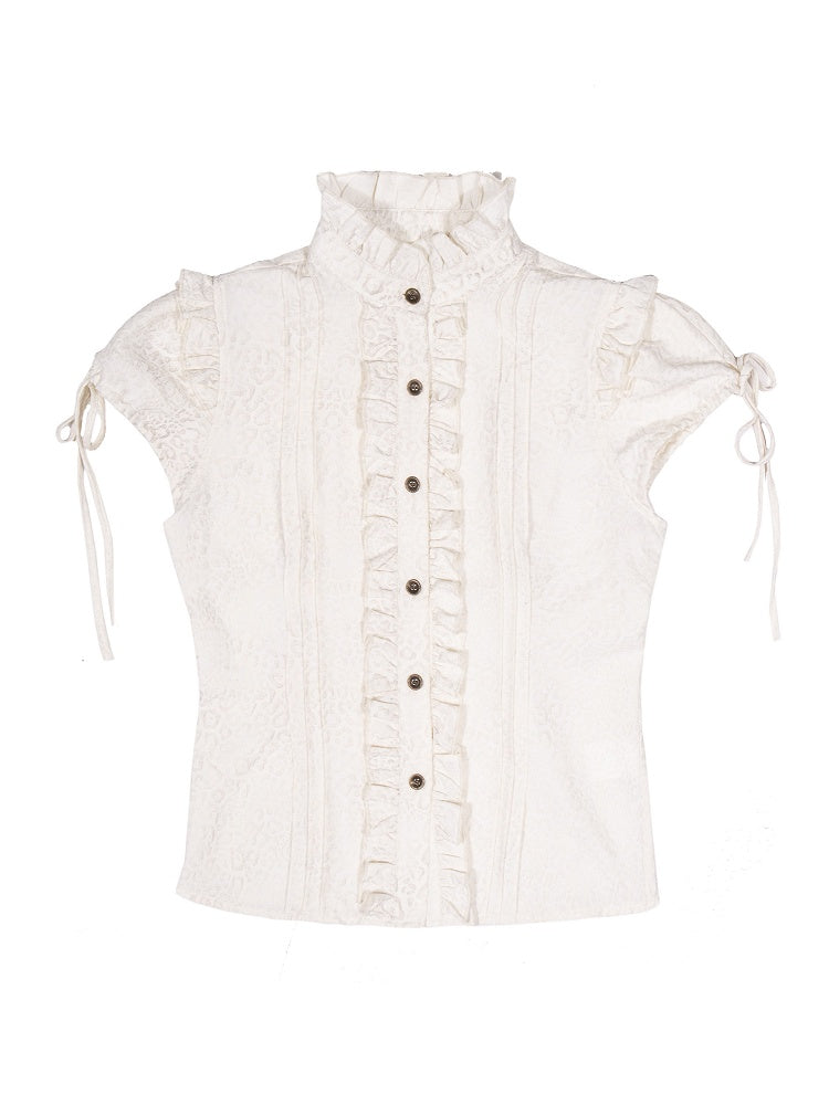 Y2K Gyaru Fashion White Short Puff Sleeve Leopard Print Punk Top with Ruffle Trim & Back Crisscross Tie