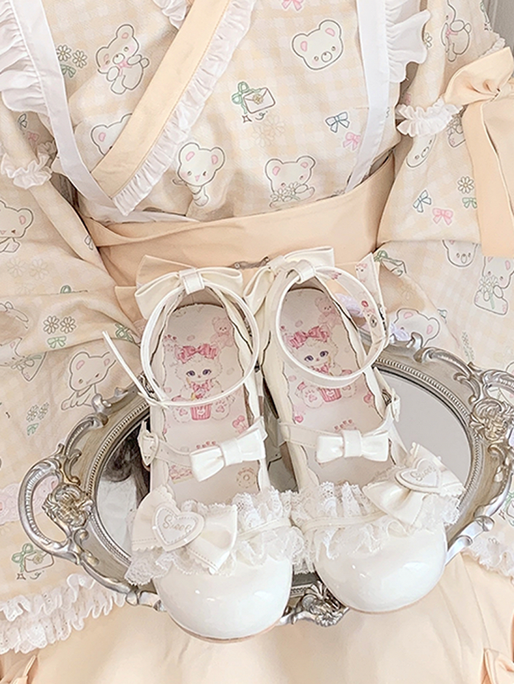 White Bow Accents Lace Trim Sweet Lolita Block Heel Mary Janes
