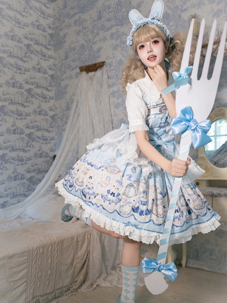 Bunny and Clock Print Alice Blue Sweet Lolita Dress