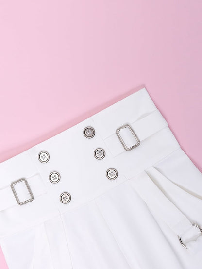 Buttons and Buckles High Waist White Ouji Fashion Pants