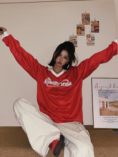 Red Vintage Sport Sweatshirt with White Side Stripes