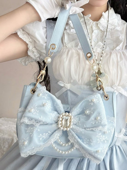 Blue Sweet Lolita Underarm Bag in Satin with Dazzling Bead and Crystal Bow
