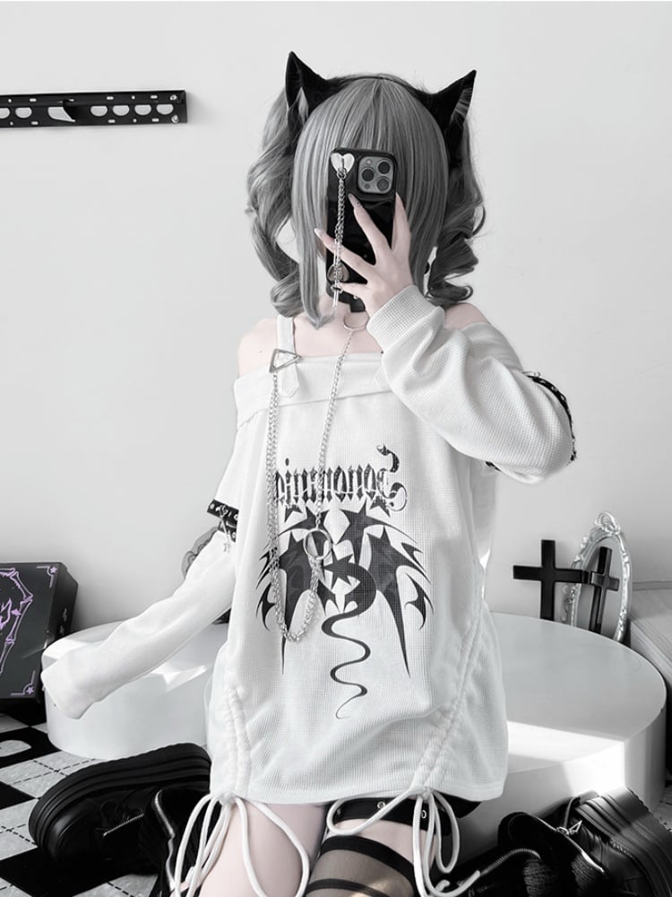 White Off-the-shoulder Neckline Drawstring Design Punk Top