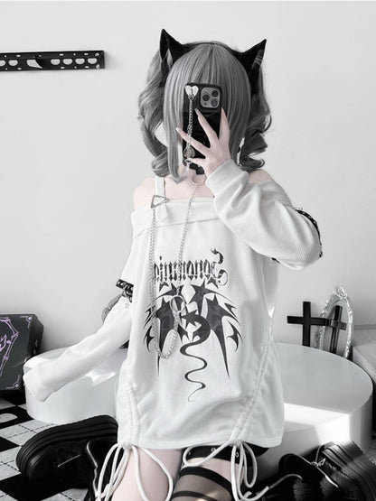White Off-the-shoulder Neckline Drawstring Design Punk Top