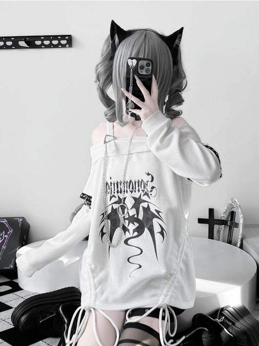 White Off-the-shoulder Neckline Drawstring Design Punk Top