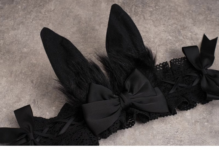 Black Gothic Bunny Ears Hairband with Bowknots