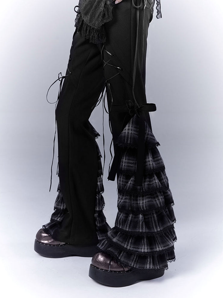 Black Lace-up Front Tiered Plaid Cuffs Slim-fitting Pants
