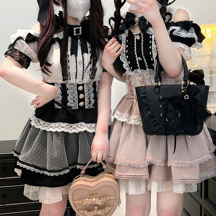 Black/Pink/Blue High Waist Sweetheart Buttons Lace Trim Jirai Kei Tiered Skirt