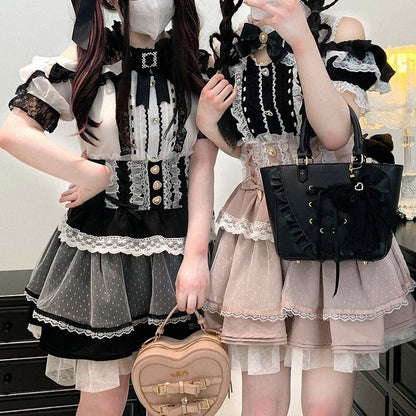 Black/Pink/Blue High Waist Sweetheart Buttons Lace Trim Jirai Kei Tiered Skirt