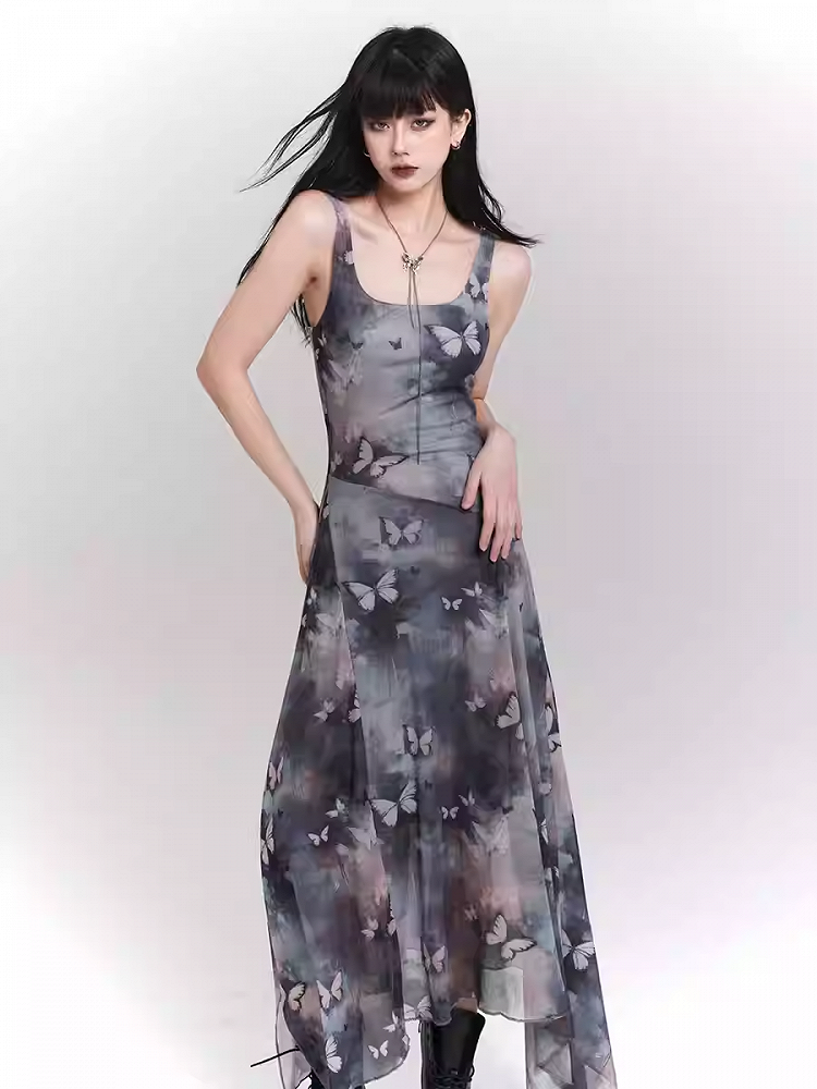 Blue & Purple Butterfly Print Asymmetrical Hem Sleeveless Dress