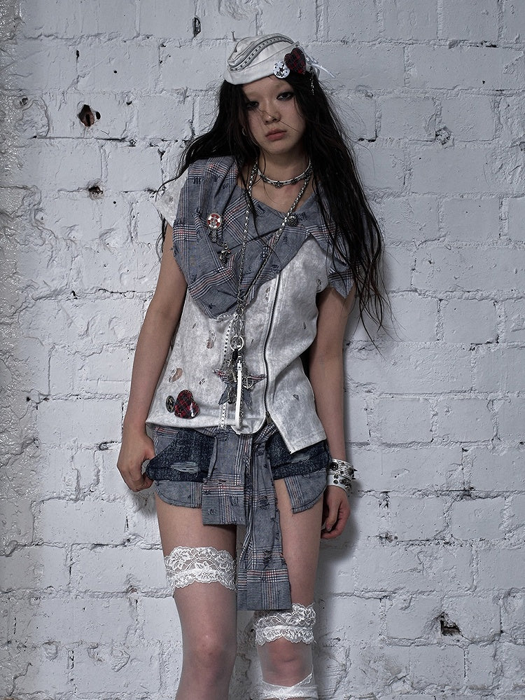 Blue and White Plaid Distressed Holes Navycore Zipper T-shirt Faux Two-pieces