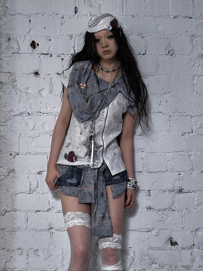 Blue and White Plaid Distressed Holes Navycore Zipper T-shirt Faux Two-pieces