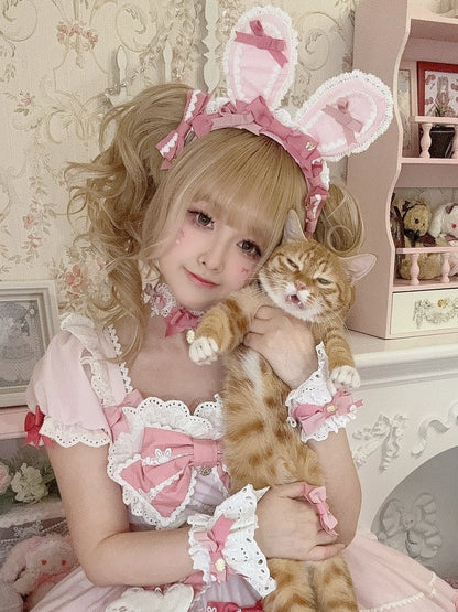Pink Bowknot Details Lace Trim Bunny Ear KC