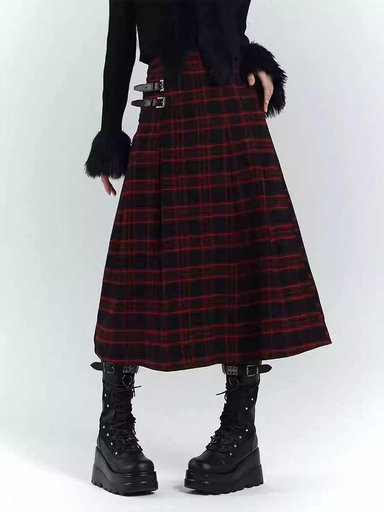 Black & Red Plaid  Double Buckles Midi Length Skirt